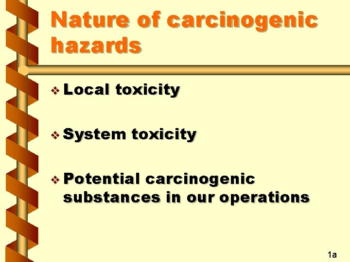 Nature of carcinogenic hazards v Local toxicity v System toxicity v Potential carcinogenic substances