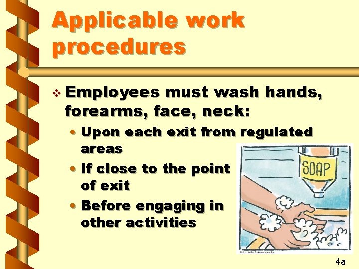 Applicable work procedures v Employees must wash hands, forearms, face, neck: • Upon each