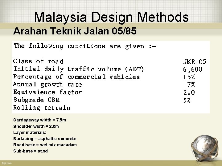 Malaysia Design Methods Arahan Teknik Jalan 05/85 Carriageway width = 7. 5 m Shoulder