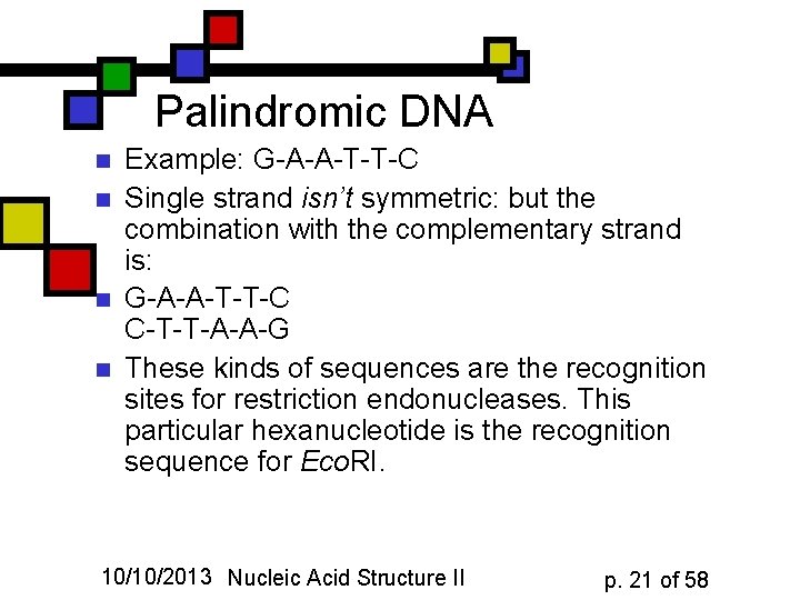 Palindromic DNA n n Example: G-A-A-T-T-C Single strand isn’t symmetric: but the combination with