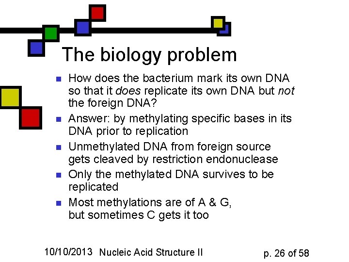 The biology problem n n n How does the bacterium mark its own DNA