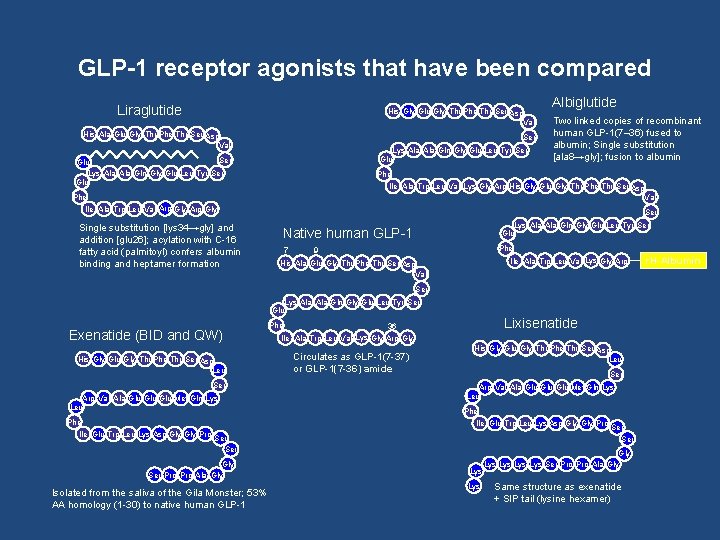GLP-1 receptor agonists that have been compared Liraglutide His Gly Glu Gly Thr Phe