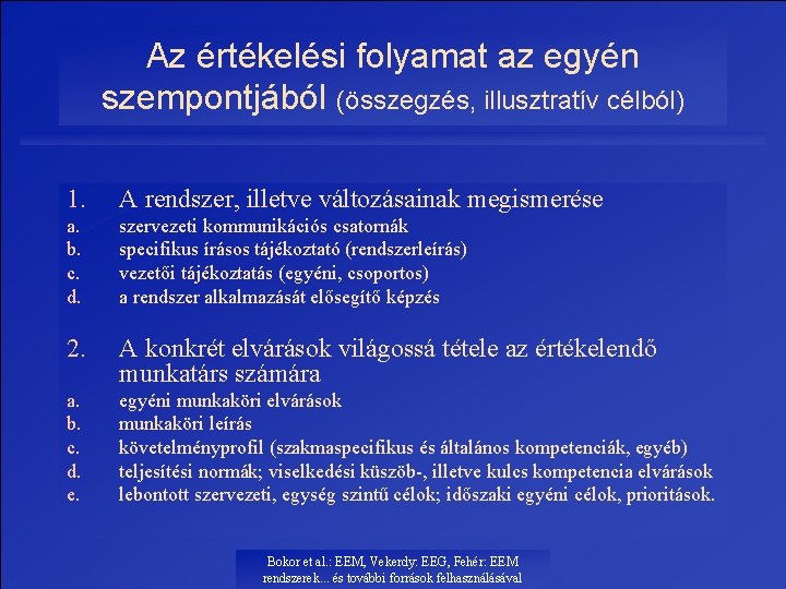 Az értékelési folyamat az egyén szempontjából (összegzés, illusztratív célból) 1. A rendszer, illetve változásainak