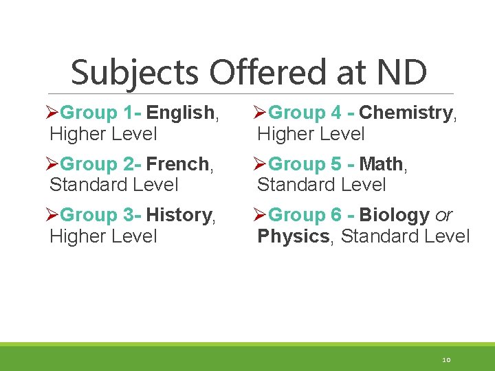 Subjects Offered at ND ØGroup 1 - English, Higher Level ØGroup 4 - Chemistry,