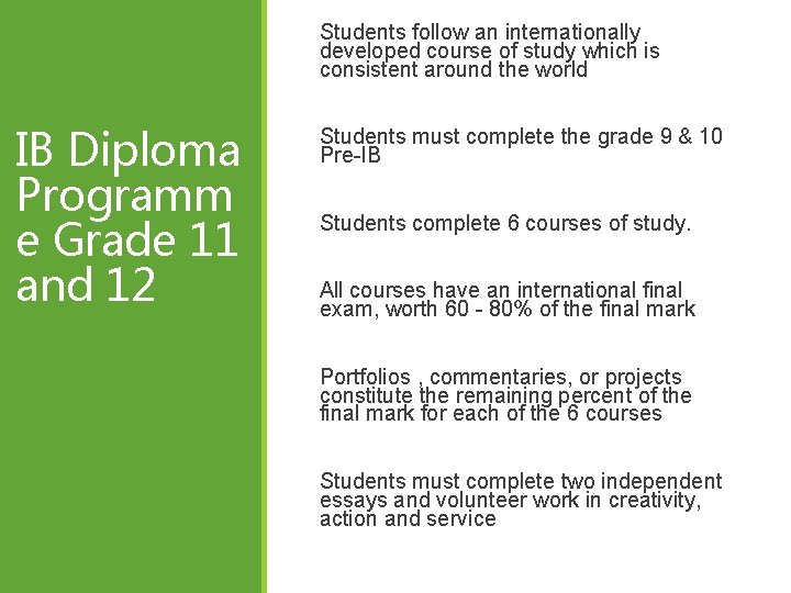 Students follow an internationally developed course of study which is consistent around the world