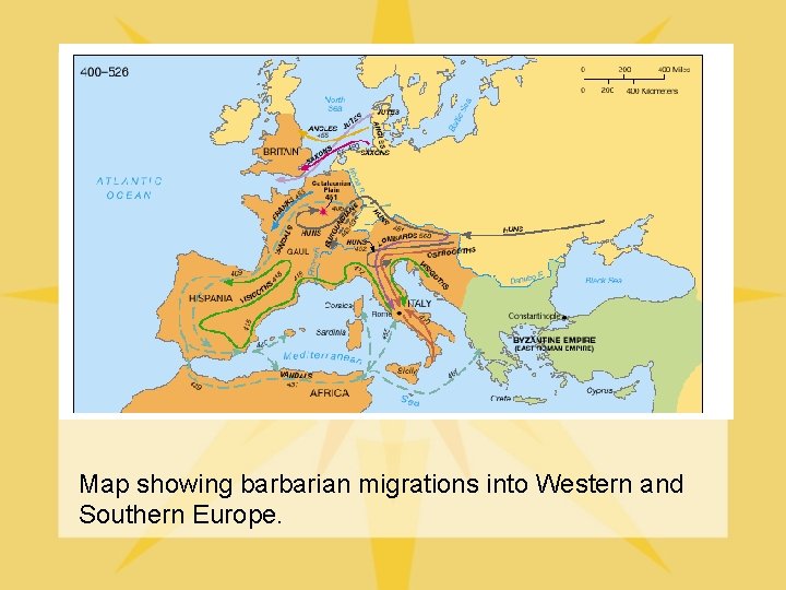 Map showing barbarian migrations into Western and Southern Europe. 