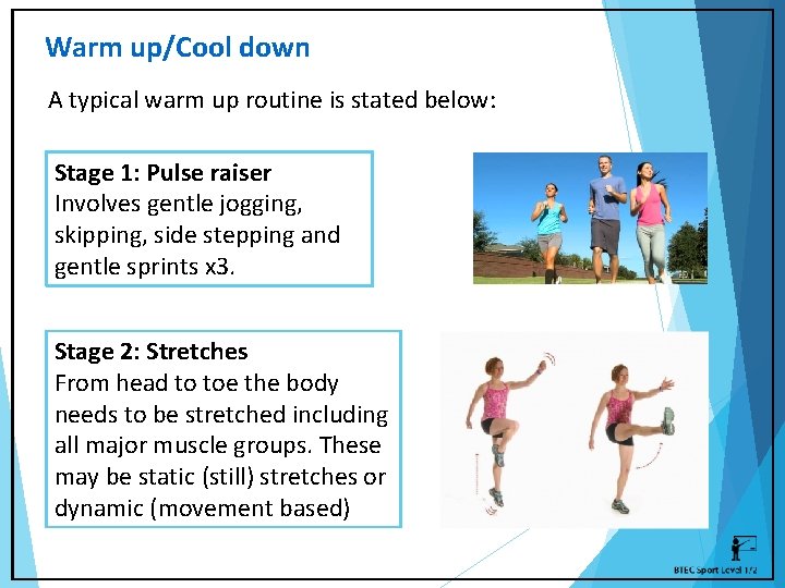 Warm up/Cool down A typical warm up routine is stated below: Stage 1: Pulse