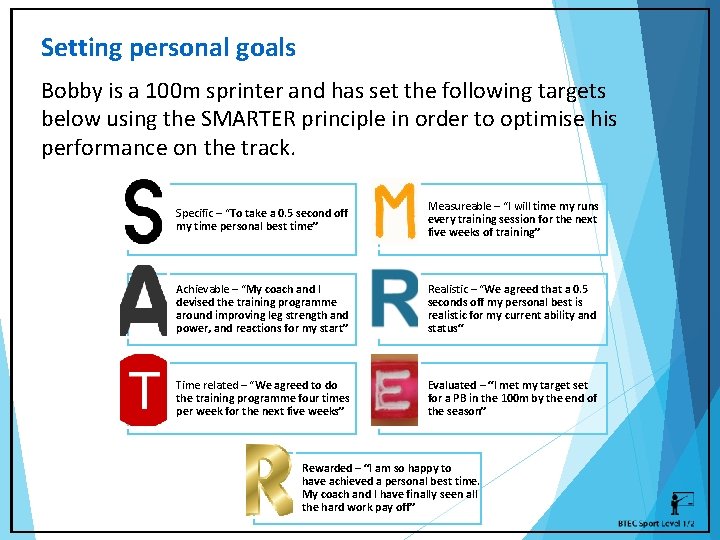 Setting personal goals Bobby is a 100 m sprinter and has set the following