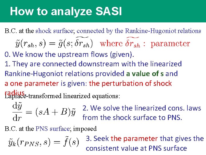 How to analyze SASI B. C. at the shock surface; connected by the Rankine-Hugoniot