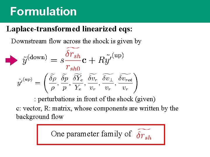 Formulation Laplace-transformed linearized eqs: Downstream flow across the shock is given by : perturbations