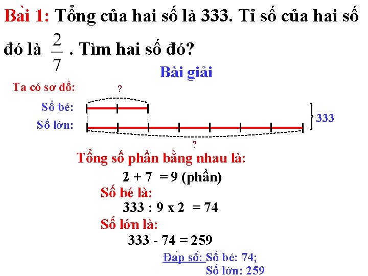 Ba i 1: Tổng của hai số là 333. Tỉ số của hai số