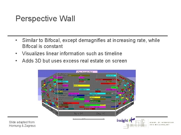 Perspective Wall • Similar to Bifocal, except demagnifies at increasing rate, while Bifocal is