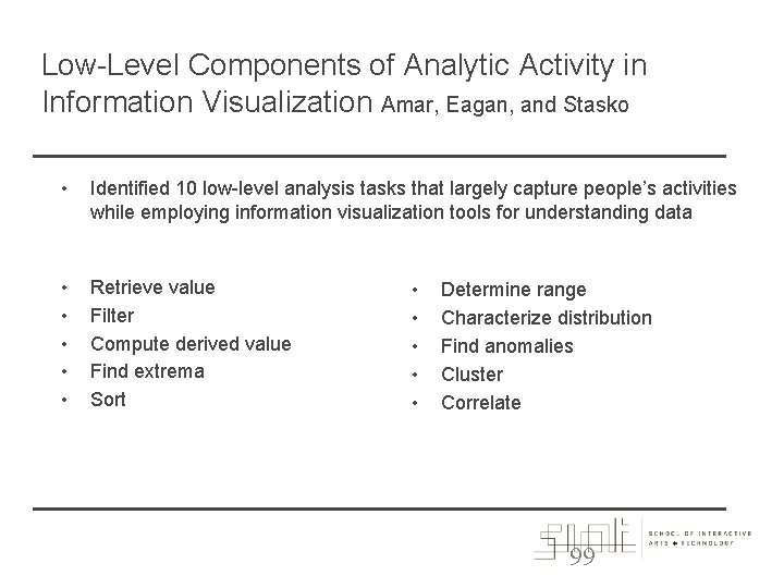 Low-Level Components of Analytic Activity in Information Visualization Amar, Eagan, and Stasko • Identified