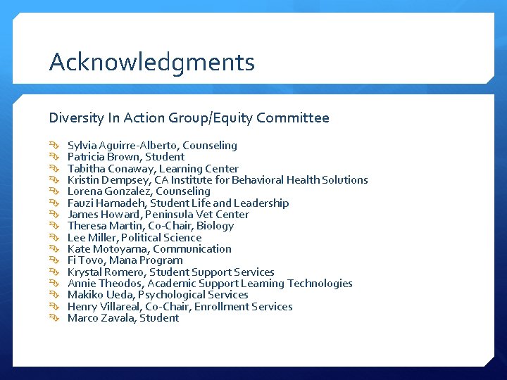 Acknowledgments Diversity In Action Group/Equity Committee Sylvia Aguirre-Alberto, Counseling Patricia Brown, Student Tabitha Conaway,