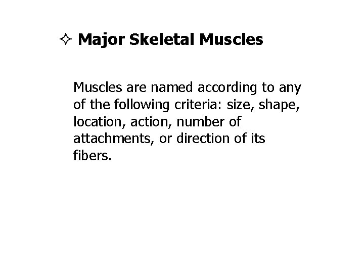  Major Skeletal Muscles are named according to any of the following criteria: size,