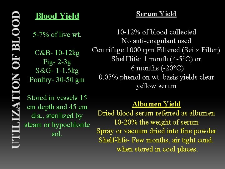 UTILIZATION OF BLOOD Blood Yield Serum Yield 10 -12% of blood collected No anti-coagulant