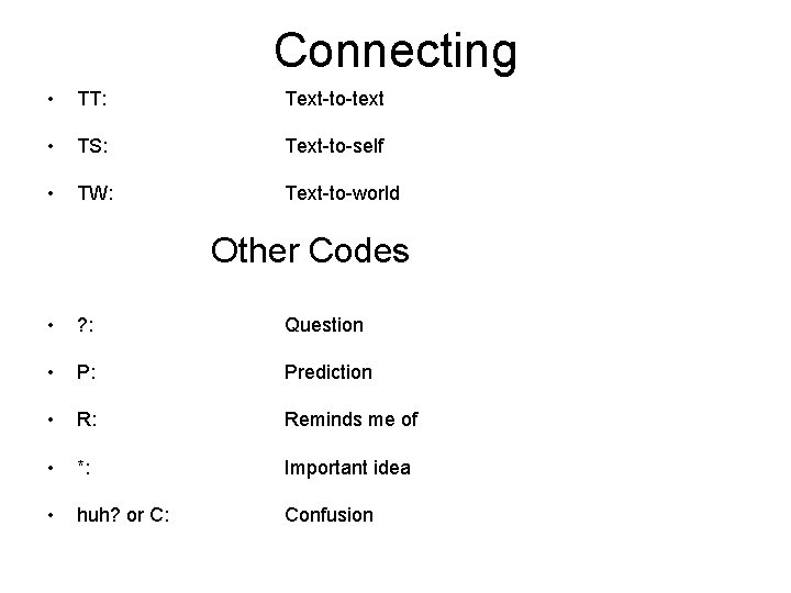 Connecting • TT: Text-to-text • TS: Text-to-self • TW: Text-to-world Other Codes • ?