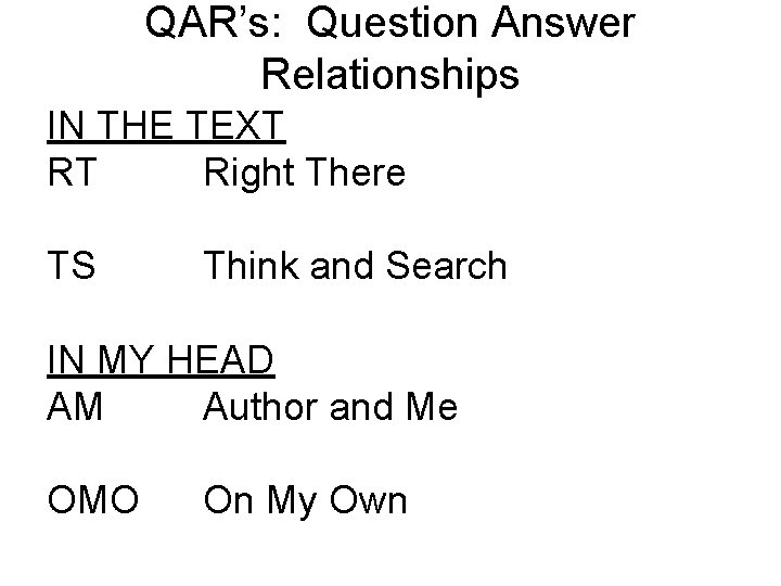 QAR’s: Question Answer Relationships IN THE TEXT RT Right There TS Think and Search