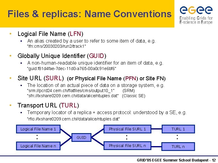 Files & replicas: Name Conventions • Logical File Name (LFN) § An alias created
