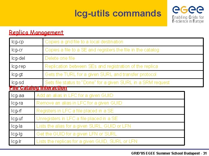 lcg-utils commands Replica Management lcg-cp Copies a grid file to a local destination lcg-cr