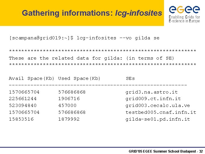 Gathering informations: lcg-infosites [scampana@grid 019: ~]$ lcg-infosites --vo gilda se ******************************* These are the