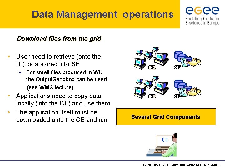 Data Management operations Download files from the grid • User need to retrieve (onto