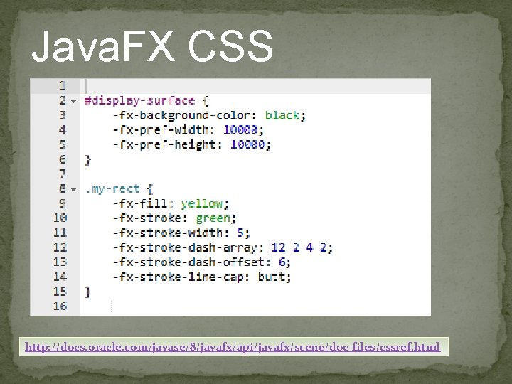 Java. FX CSS http: //docs. oracle. com/javase/8/javafx/api/javafx/scene/doc-files/cssref. html 