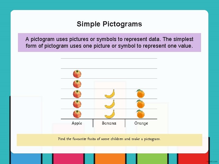 Simple Pictograms A pictogram uses pictures or symbols to represent data. The simplest form