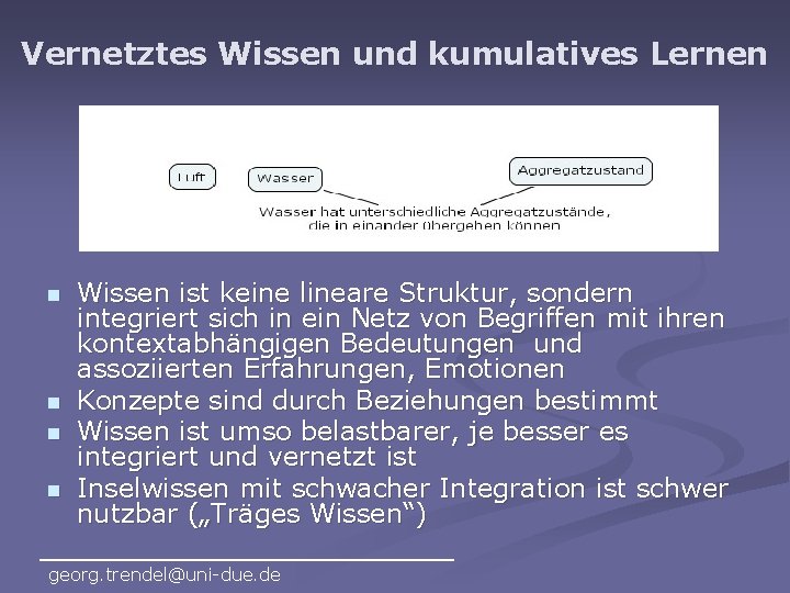 Vernetztes Wissen und kumulatives Lernen n n Wissen ist keine lineare Struktur, sondern integriert