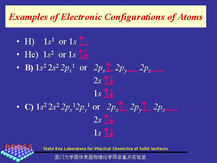 Examples of Electronic Configurations of Atoms • H) 1 s 1 or 1 s