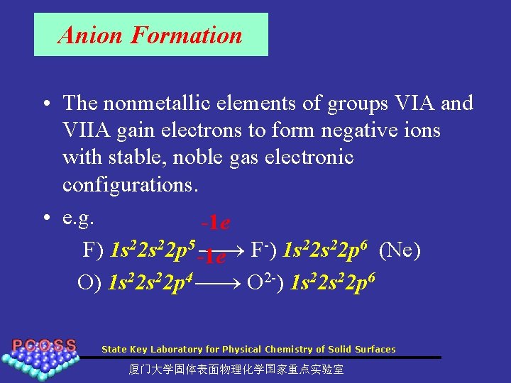 Anion Formation • The nonmetallic elements of groups VIA and VIIA gain electrons to