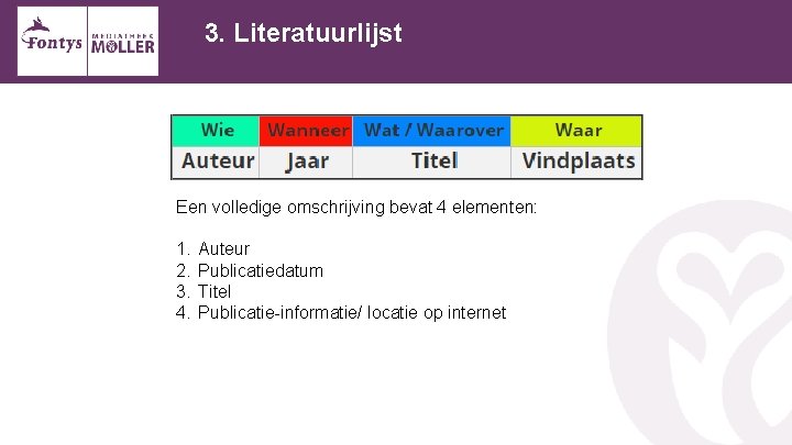 3. Literatuurlijst Een volledige omschrijving bevat 4 elementen: 1. 2. 3. 4. Auteur Publicatiedatum