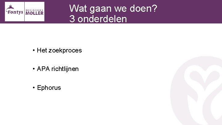 Wat gaan we doen? 3 onderdelen • Het zoekproces • APA richtlijnen • Ephorus