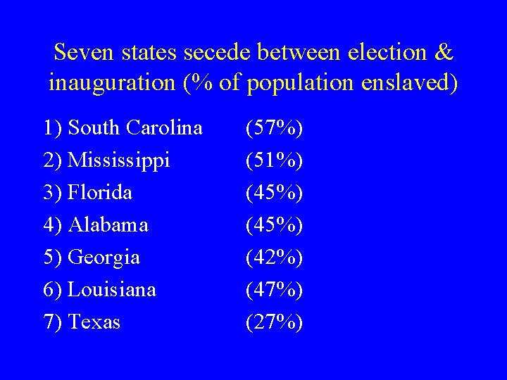 Seven states secede between election & inauguration (% of population enslaved) 1) South Carolina