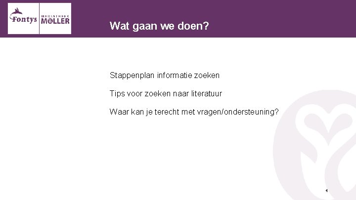 Wat gaan we doen? Stappenplan informatie zoeken Tips voor zoeken naar literatuur Waar kan