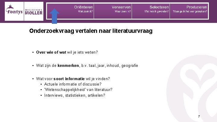 Onderzoekvraag vertalen naar literatuurvraag • Over wie of wat wil je iets weten? •