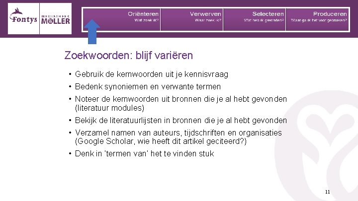 Zoekwoorden: blijf variëren • Gebruik de kernwoorden uit je kennisvraag • Bedenk synoniemen en