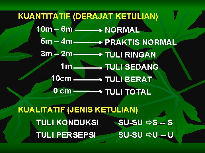 KUANTITATIF (DERAJAT KETULIAN) 10 m – 6 m NORMAL 5 m – 4 m