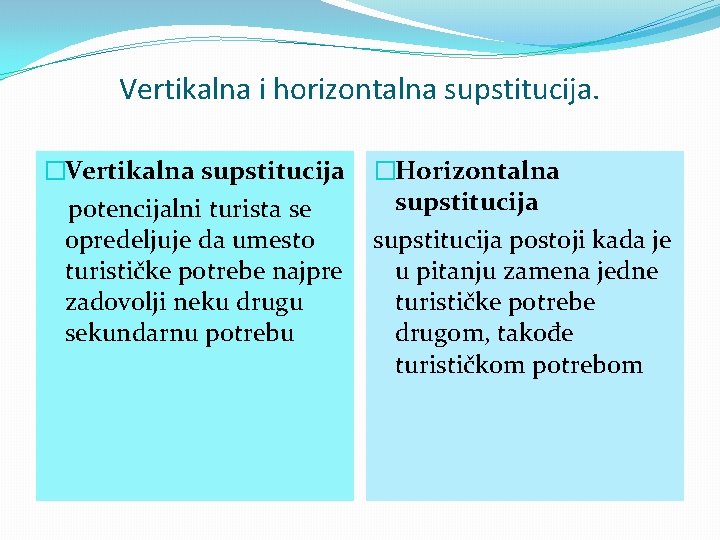 Vertikalna i horizontalna supstitucija. �Vertikalna supstitucija potencijalni turista se opredeljuje da umesto turističke potrebe