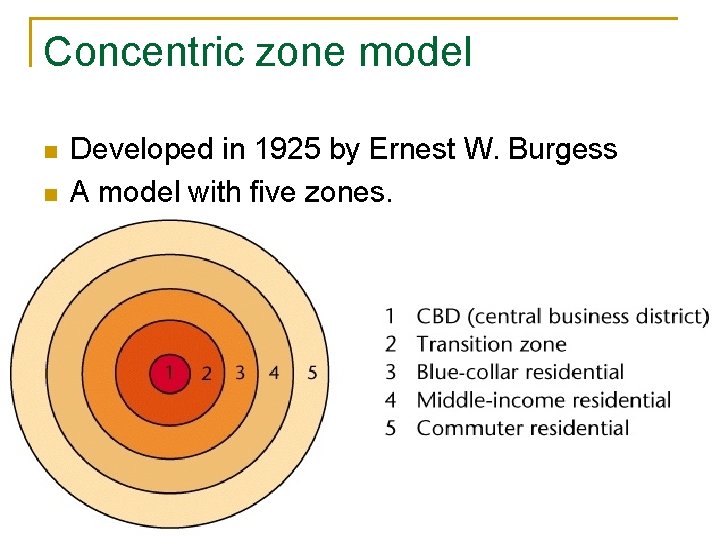 Concentric zone model n n Developed in 1925 by Ernest W. Burgess A model Concentric zone model n n Developed in 1925 by Ernest W. Burgess A model