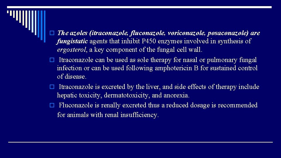 o The azoles (itraconazole, fluconazole, voriconazole, posaconazole) are fungistatic agents that inhibit P 450