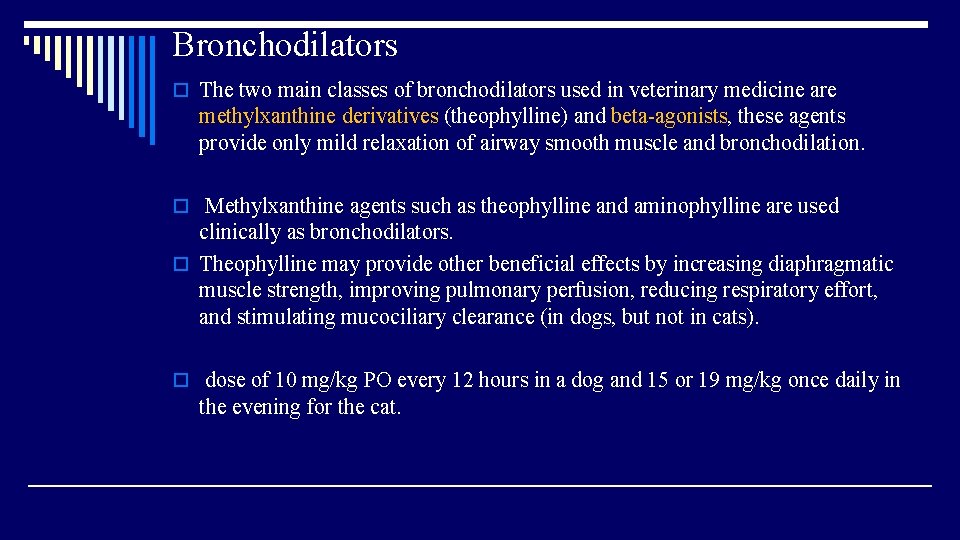 Bronchodilators o The two main classes of bronchodilators used in veterinary medicine are methylxanthine