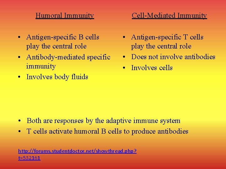 Humoral Immunity Cell-Mediated Immunity • Antigen-specific B cells play the central role • Antibody-mediated