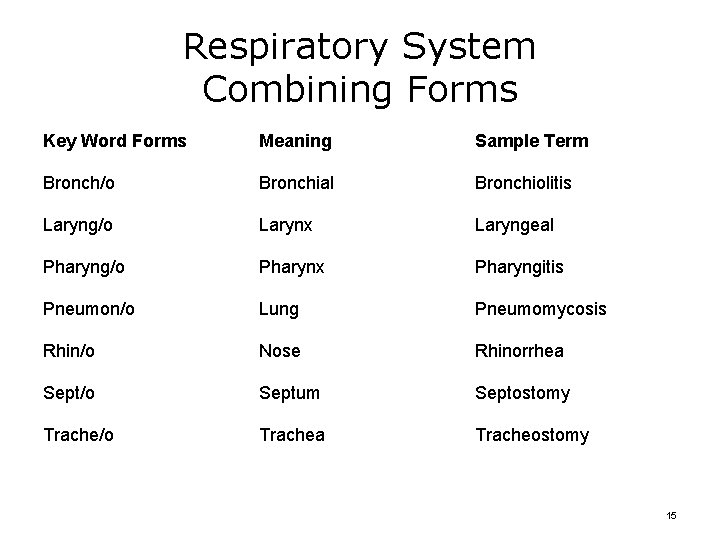 Respiratory System Combining Forms Key Word Forms Meaning Sample Term Bronch/o Bronchial Bronchiolitis Laryng/o