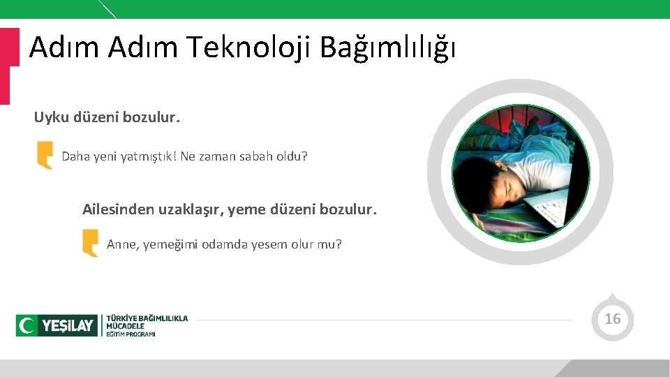 Adım Teknoloji Bağımlılığı Uyku düzeni bozulur. Daha yeni yatmıştık! Ne zaman sabah oldu? Ailesinden