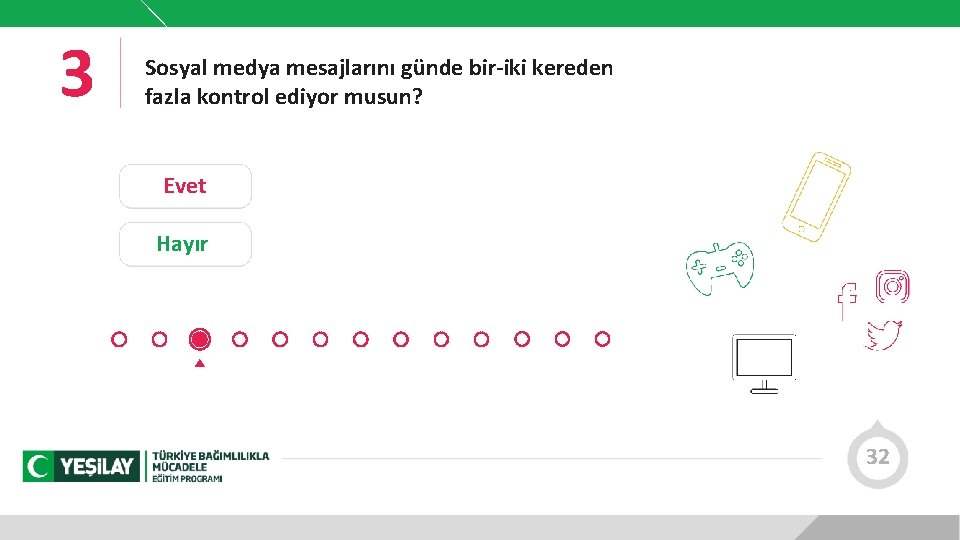 3 Sosyal medya mesajlarını günde bir-iki kereden fazla kontrol ediyor musun? Evet Hayır 32