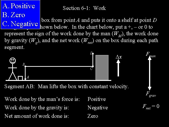 A. Positive Section 6 -1: Work B. Zero A man carries a box from