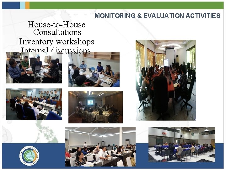 MONITORING & EVALUATION ACTIVITIES House-to-House Consultations Inventory workshops Internal discussions 