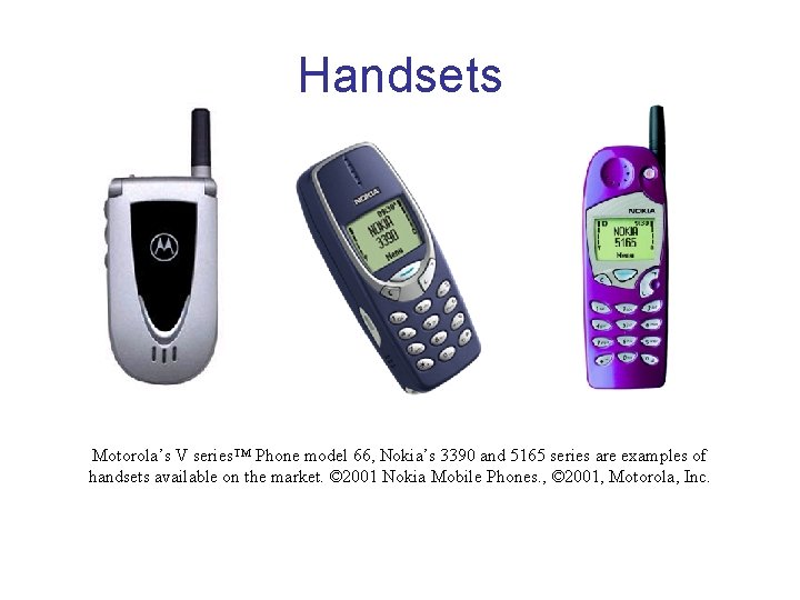 Handsets Motorola’s V series™ Phone model 66, Nokia’s 3390 and 5165 series are examples