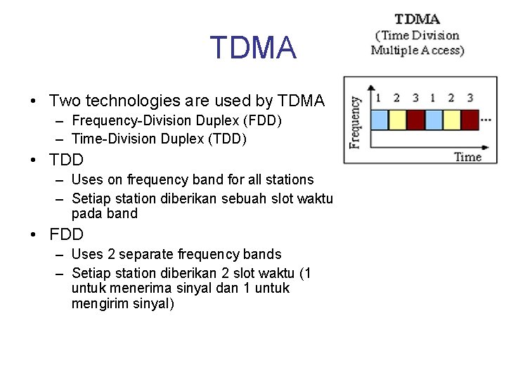 TDMA • Two technologies are used by TDMA – Frequency-Division Duplex (FDD) – Time-Division